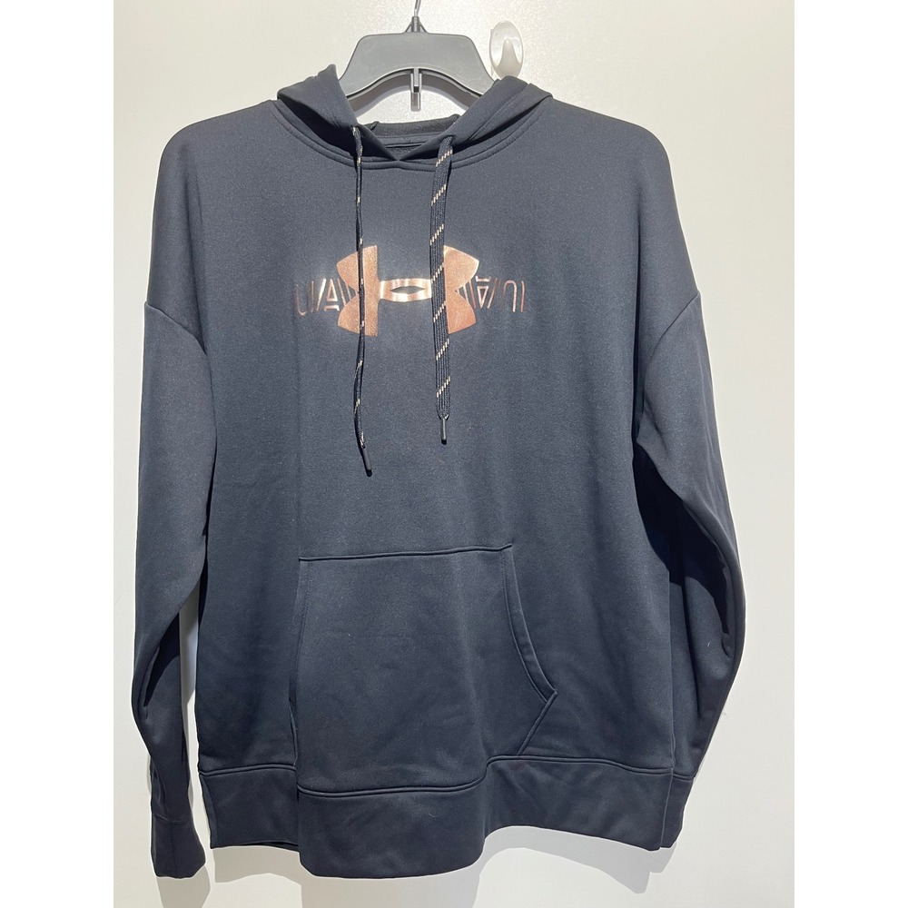 Under Armour ColdGear Loose Hoodie Black Rose Gold Logo Womens XL Pullover
